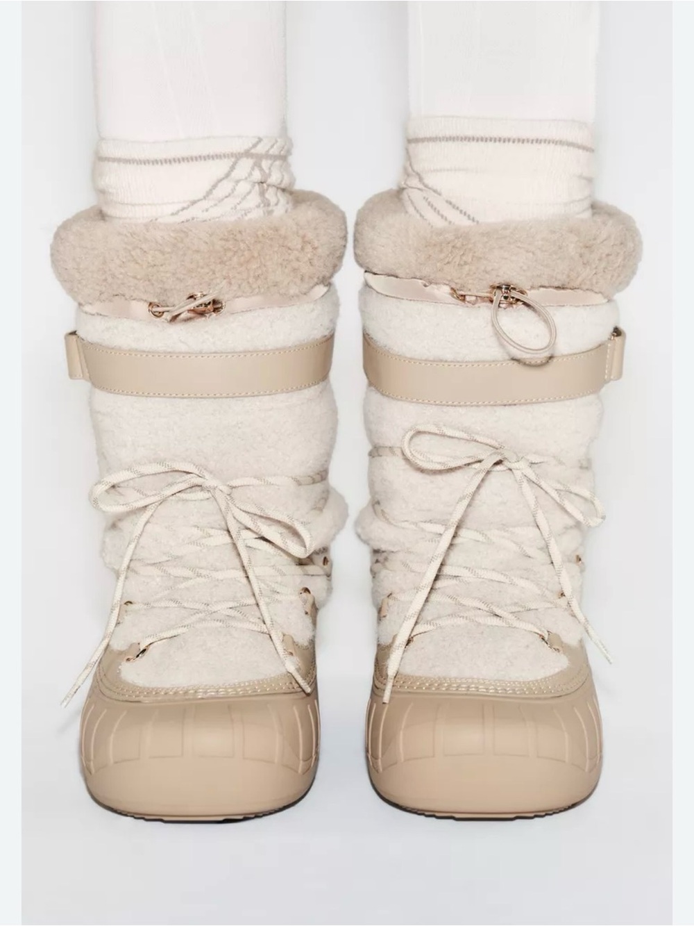 Zara Cream Shearling-Trim Winter Lace-Up Boots